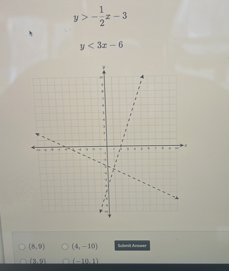 y>- 1/2 x-3
y<3x-6</tex>
(8,9) (4,-10) Submit Answer
(3,9) (-10,1)