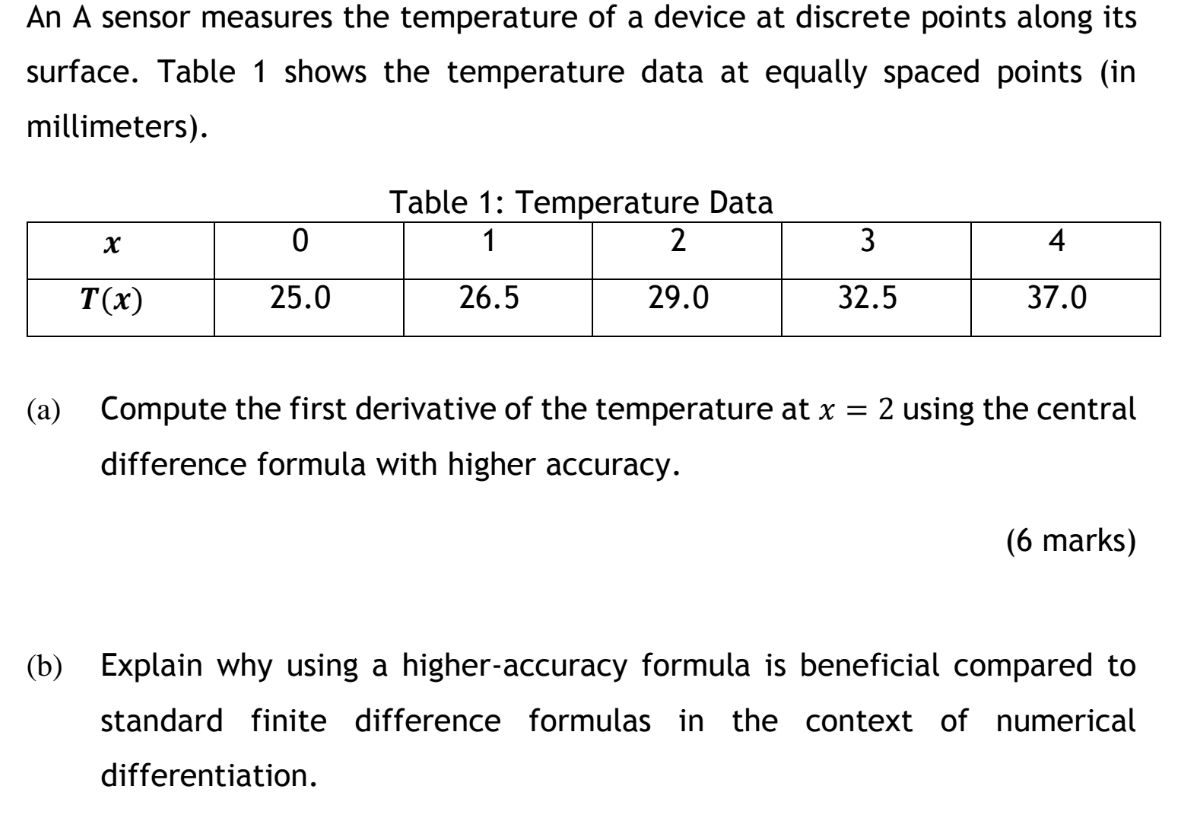 An A sensor measures the temperature of a device at discrete points along its
surface. Table 1 shows the temperature data at equally spaced points (in
millimeters).
Table em
(a) Compute the first derivative of the temperature at x=2 using the central
difference formula with higher accuracy.
(6 marks)
(b) Explain why using a higher-accuracy formula is beneficial compared to
standard finite difference formulas in the context of numerical
differentiation.