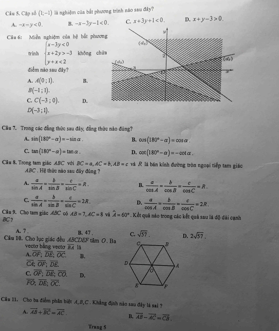 Cặp số (1;-1) là nghiệm của bất phương trình nào sau đây?
A. -x-y<0. B. -x-3y-1<0. C. x+3y+1<0. D. x+y-3>0.
Câu 6: Miền nghiệm của hệ bất phươn
trinh beginarrayl x-3y<0 x+2y>-3 y+x<2endarray. không chứ
điểm nào sau đây?
A. A(0;1). B.
B(-1;1).
C. C(-3;0). D.
D(-3;1).
Câu 7. Trong các đẳng thức sau đây, đẳng thức nào đúng?
A. sin (180°-alpha )=-sin alpha . B. cos (180°-alpha )=cos alpha .
C. tan (180°-alpha )=tan alpha . D. cot (180°-alpha )=-cot alpha .
Câu 8. Trong tam giác ABC với BC=a,AC=b,AB=c và R là bán kính đường tròn ngoại tiếp tam giác
ABC . Hệ thức nào sau đây đúng ?
A.  a/sin A = b/sin B = c/sin C =R.
B.  a/cos A = b/cos B = c/cos C =R.
C.  a/sin A = b/sin B = c/sin C =2R.  a/cos A = b/cos B = c/cos C =2R.
D.
Câu 9. Cho tam giác ABC có AB=7,AC=8 và widehat A=60°. Kết quả nào trong các kết quả sau là dộ dài cạnh
BC ?
A. 7 . B. 47 . C. sqrt(57). D. 2sqrt(57).
Câu 10. Cho lục giác đều ABCDEF tâm O. Ba
vectơ bằng vectơ overline BA là
A. overline OF;overline DE;overline OC. B.
overline CA;overline OF;overline DE.
C. overline OF;overline DE;overline CO. D.
overline FO;overline DE;overline OC.
Câu 11. Cho ba điểm phân biệt A,B,C . Khẳng định nào sau đây là sai ?
A. vector AB+vector BC=vector AC.
B. vector AB-vector AC=vector CB.
Trang 5