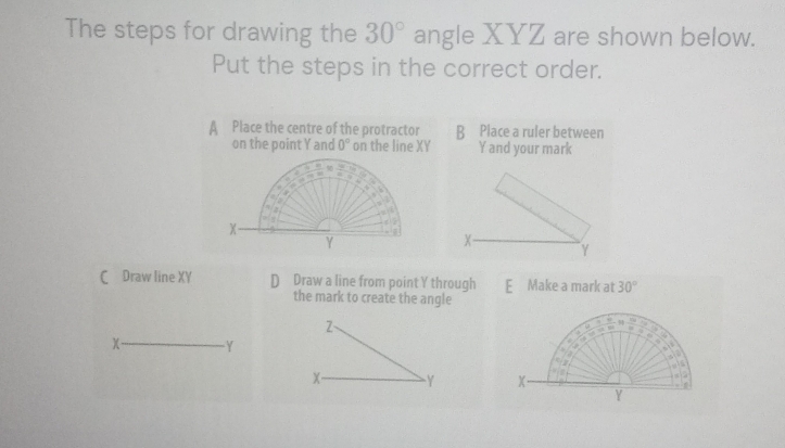 Solved: The steps for drawing the 30° angle XYZ are shown below. Put ...