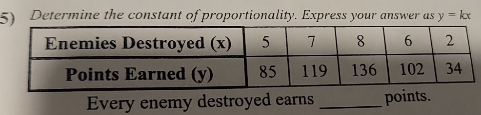 Determine the constant of proportionality. Express your answer as y=kx
Every enemy destroyed earns _points.