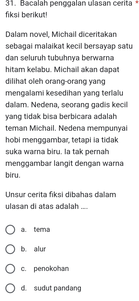 Bacalah penggalan ulasan cerita *
fiksi berikut!
Dalam novel, Michail diceritakan
sebagai malaikat kecil bersayap satu
dan seluruh tubuhnya berwarna
hitam kelabu. Michail akan dapat
dilihat oleh orang-orang yang
mengalami kesedihan yang terlalu
dalam. Nedena, seorang gadis kecil
yang tidak bisa berbicara adalah
teman Michail. Nedena mempunyai
hobi menggambar, tetapi ia tidak
suka warna biru. Ia tak pernah
menggambar langit dengan warna
biru.
Unsur cerita fiksi dibahas dalam
ulasan di atas adalah ....
a. tema
b. alur
c. penokohan
d. sudut pandang