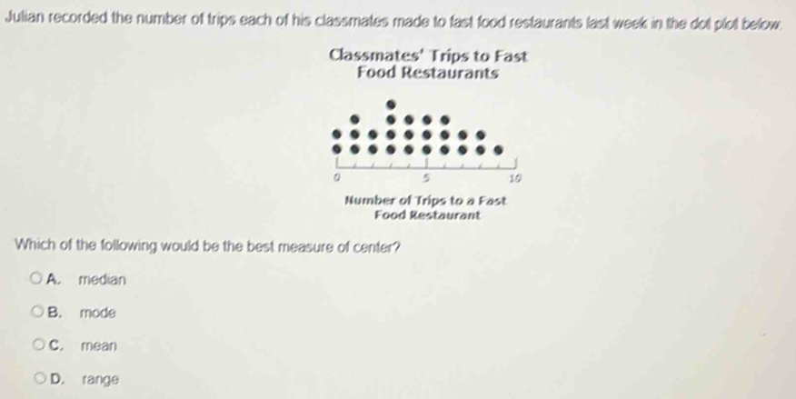 Julian recorded the number of trips each of his classmates made to fast food restaurants last week in the dot plot below.
Classmates' Trips to Fast
Food Restaurants
Number of Trips to a Fast
Food Restaurant
Which of the following would be the best measure of center?
A. median
B. mode
C. mean
D. range