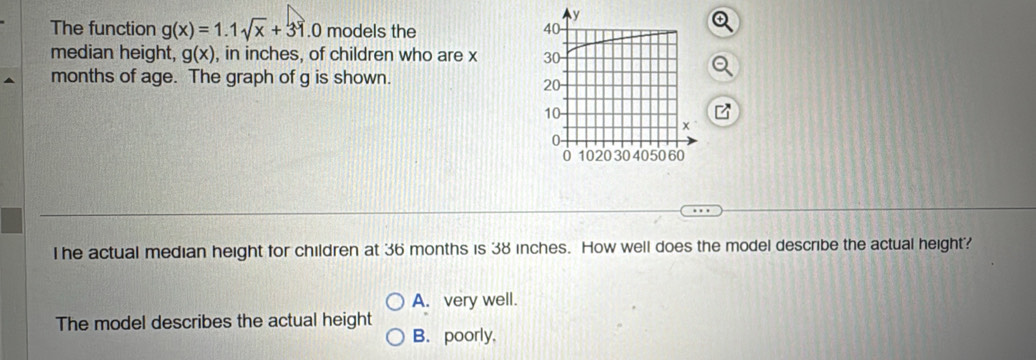 The function g(x)=1.1sqrt(x)+3.0 models the 
median height, g(x) , in inches, of children who are x
months of age. The graph of g is shown.
I he actual median height for children at 36 months is 38 inches. How well does the model describe the actual height?
A. very well.
The model describes the actual height
B. poorly.