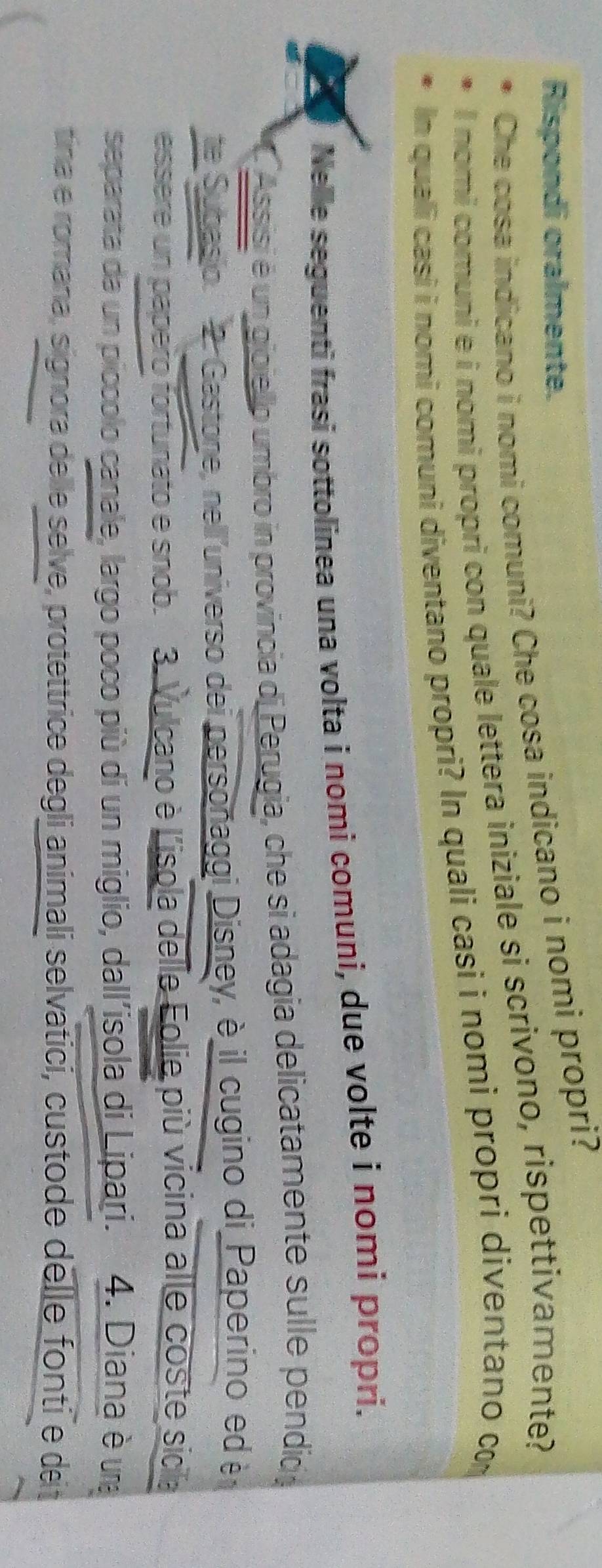 Rispondi oralmente. 
Che cosa indicano i nomi comuni? Che cosa indicano i nomi propri? 
I nomi comuni e i nomi propri con quale lettera iniziale si scrivono, rispettivamente? 
In quali casi i nomi comuni diventano propri? In quali casi i nomi propri diventano co 
Nelle seguenti frasi sottolinea una volta i nomi comuni, due volte i nomi propri. 
Assisi é un gioiello umbro in provincia di Perugia, che si adagia delicatamente sulle pendic y 
te Subasio. 2. Gastone, nell universo dei persoñaggi Disney, è il cugino di Paperino ed è 
essere un papero fortunato e snob. 3. Vulcano è l'isola delle Eolie più vicina alle coste sicla 
separata da un piccolo canale, largo poco più di un miglio, dall'isola di Lipari. 4. Diana è uma 
tina e romana, signora delle selve, protettrice degli animali selvatici, custode delle fonti e det
