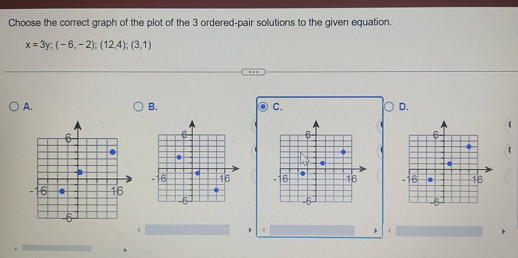 Choose the correct graph of the plot of the 3 ordered-pair solutions to the given equation.
x=3y;(-6,-2);(12,4);(3,1)
A. 
B. 
C. 
D. 
 

( 
D