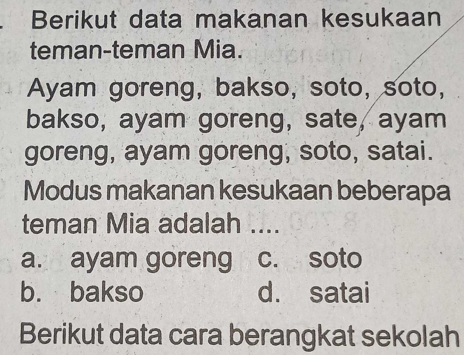 Berikut data makanan kesukaan
teman-teman Mia.
Ayam goreng, bakso, soto, soto,
bakso, ayam goreng, sate, ayam
goreng, ayam goreng, soto, satai.
Modus makanan kesukaan beberapa
teman Mia adalah ....
a. ayam goreng c. soto
b. bakso d. satai
Berikut data cara berangkat sekolah