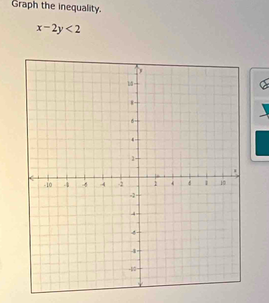 Graph the inequality.
x-2y<2</tex>