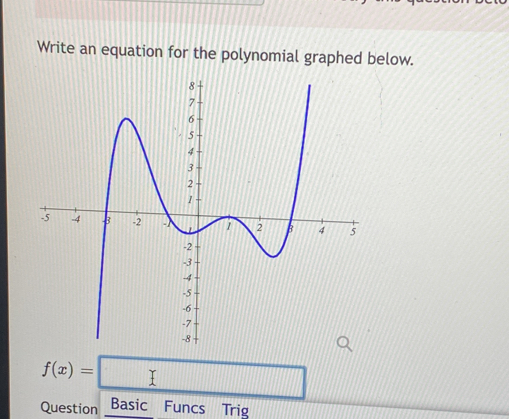 Write an equation for the polynomial graphed below.
f(x)=□
Question Basic Funcs Trig