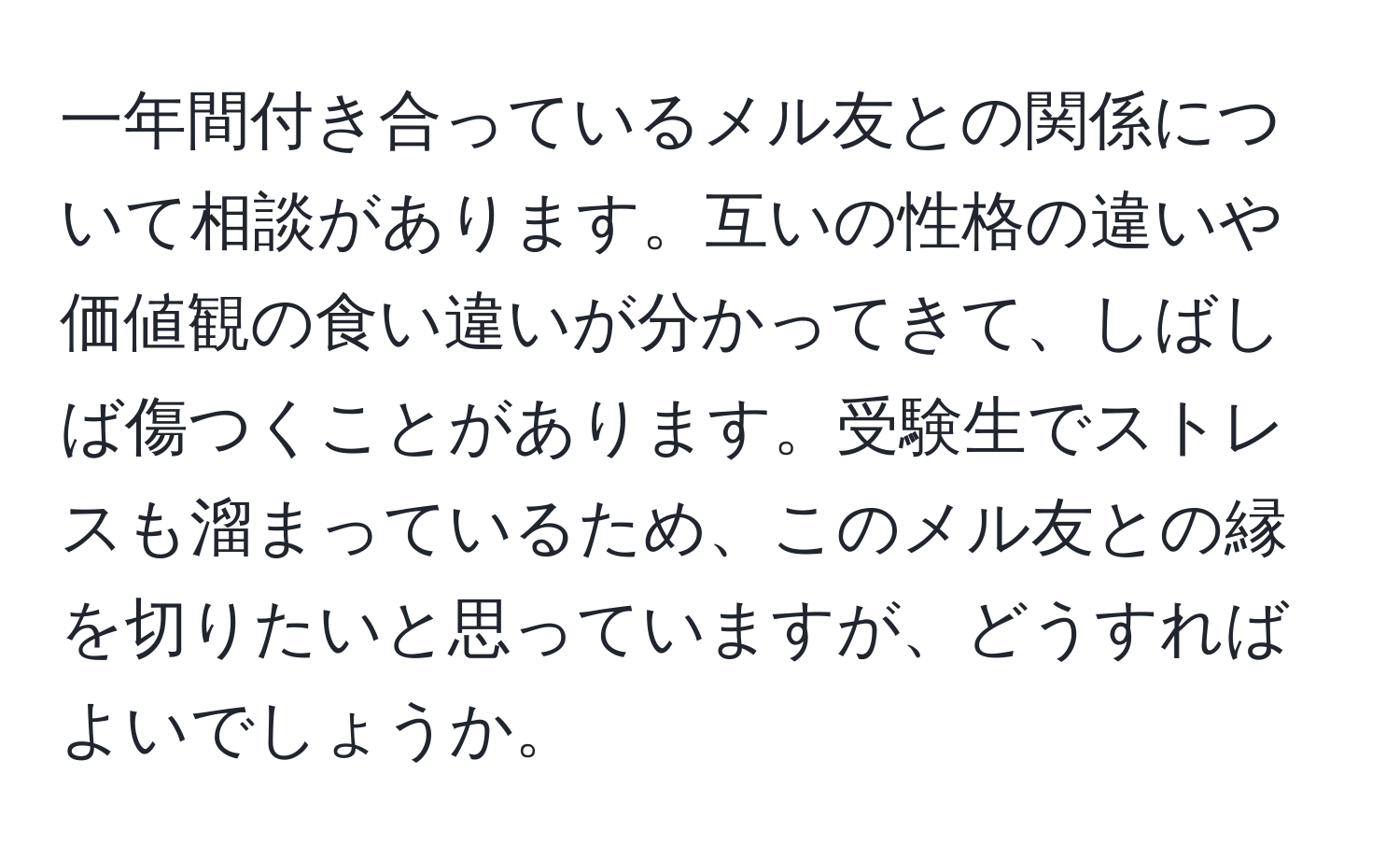 一年間付き合っているメル友との関係について相談があります。互いの性格の違いや価値観の食い違いが分かってきて、しばしば傷つくことがあります。受験生でストレスも溜まっているため、このメル友との縁を切りたいと思っていますが、どうすればよいでしょうか。