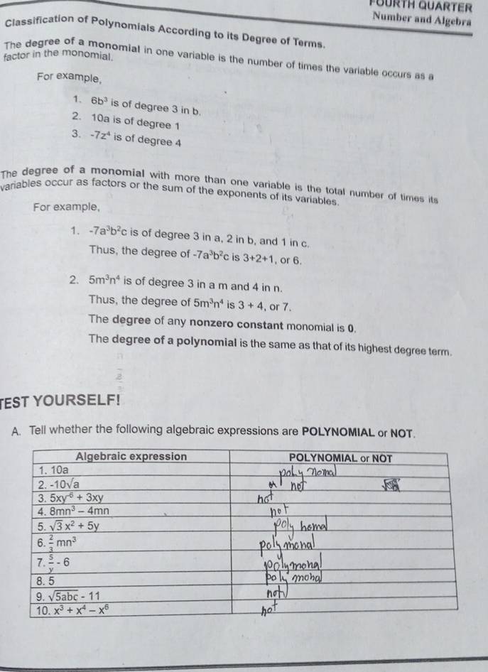 FUURTH QUARTER
Number and Algebra
Classification of Polynomials According to its Degree of Terms
factor in the monomial.
The degree of a monomial in one variable is the number of times the variable occurs as a
For example,
1. 6b^3 is of degree 3 in b.
2. 10a is of degree 1
3. -7z^4 is of degree 4
The degree of a monomial with more than one variable is the total number of times its
variables occur as factors or the sum of the exponents of its variables.
For example,
1. -7a^3b^2c is of degree 3 in a, 2 in b, and 1 in c.
Thus, the degree of -7a^3b^2c is 3+2+1 , or 6.
2. 5m^3n^4 is of degree 3 in a m and 4 in n.
Thus, the degree of 5m^3n^4 is 3+4 , or 7.
The degree of any nonzero constant monomial is 0.
The degree of a polynomial is the same as that of its highest degree term.
TEST YOURSELF!
A. Tell whether the following algebraic expressions are POLYNOMIAL or NOT.