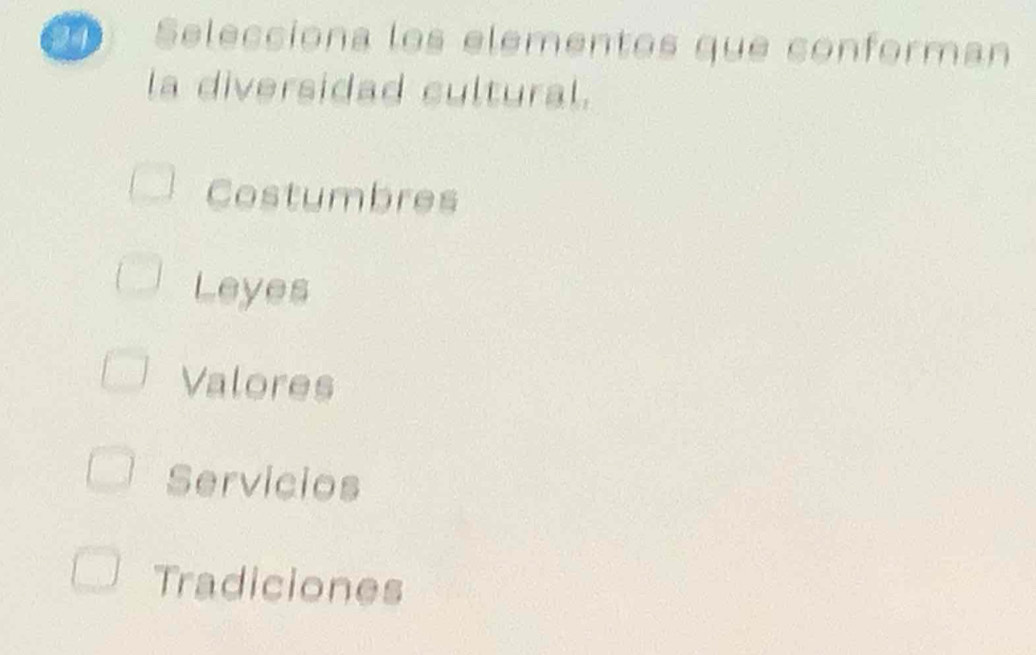 Selecciona los elementos que conforman
la diversidad cultural.
Costumbres
Leyes
Valores
Servicios
Tradiciones