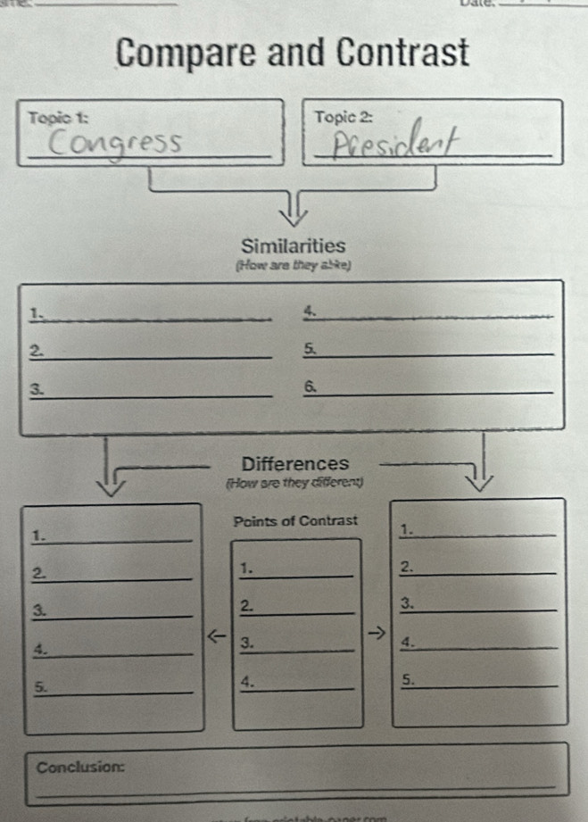 Compare and Contrast 
Topic 1: Topic 2: 
_ 
_ 
Similarities 
(How are they alke) 
1._ 
4._ 
2._ 
5._ 
3._ 
6._ 
Differences 
(How are they different) 
Points of Contrast 1._ 
1._ 
2._ 
_ 
1. 
_ 
2. 
_ 
3. 
2._ 
3._ 
4._ 
_ 
3. 
4._ 
5._ 
_ 
4. 
5._ 
Conclusion: 
_