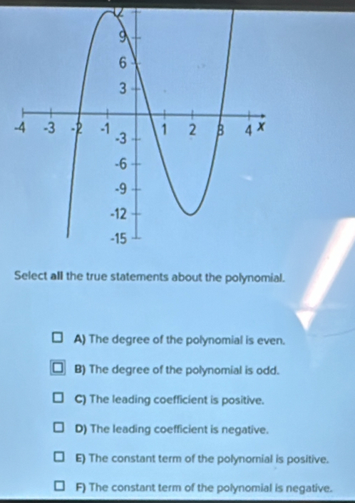 Select all the true statements about the polynomial.
A) The degree of the polynomial is even.
B) The degree of the polynomial is odd.
C) The leading coefficient is positive.
D) The leading coefficient is negative.
E) The constant term of the polynornial is positive.
F) The constant term of the polynomial is negative.