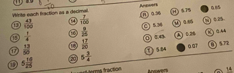 89
a 5.75 0.85
Write each fraction as a decimal. Answers
13  43/100  R 0.36
14  7/100  N 0.25
C) 5.36 M 0.65
15  1/4  16  9/25 
O 0.43 A 0.26 K 、 0.44
18  17/20  0.07 B) 5.72
17  13/50  T 5.64
19 5 16/25 
20 5 3/4 
act tems fraction Answers 14
a