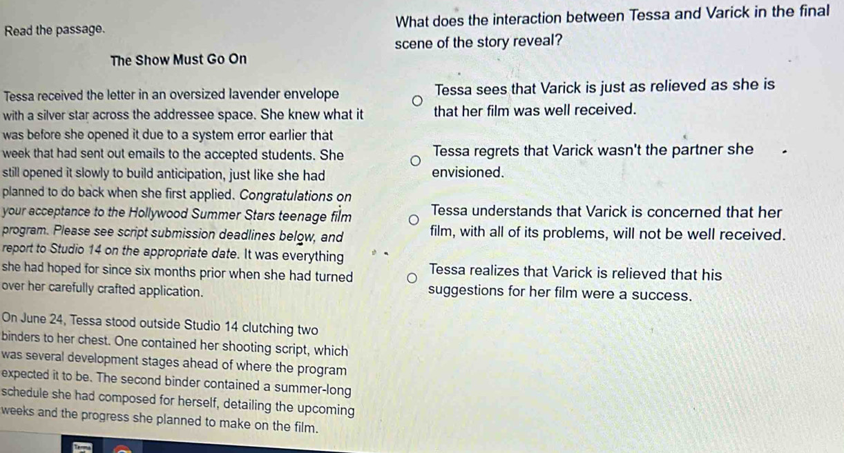 Read the passage. What does the interaction between Tessa and Varick in ...