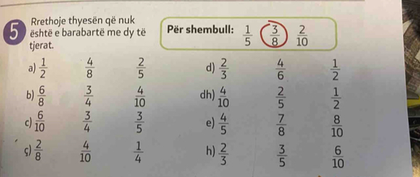 Rrethoje thyesën që nuk
5 është e barabartë me dy të Për shembull:  1/5   3/8   2/10 
tjerat.
a)  1/2   4/8   2/5  d)  2/3   4/6   1/2 
b)  6/8   3/4   4/10  dh)  4/10   2/5   1/2 
c)  6/10   3/4   3/5  e)  4/5   7/8   8/10 
ς)  2/8   4/10   1/4  h)  2/3   3/5   6/10 