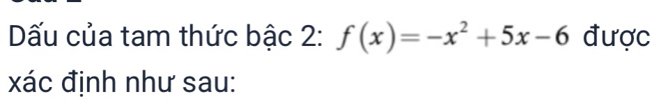 Dấu của tam thức bậc 2: f(x)=-x^2+5x-6 được 
xác định như sau: