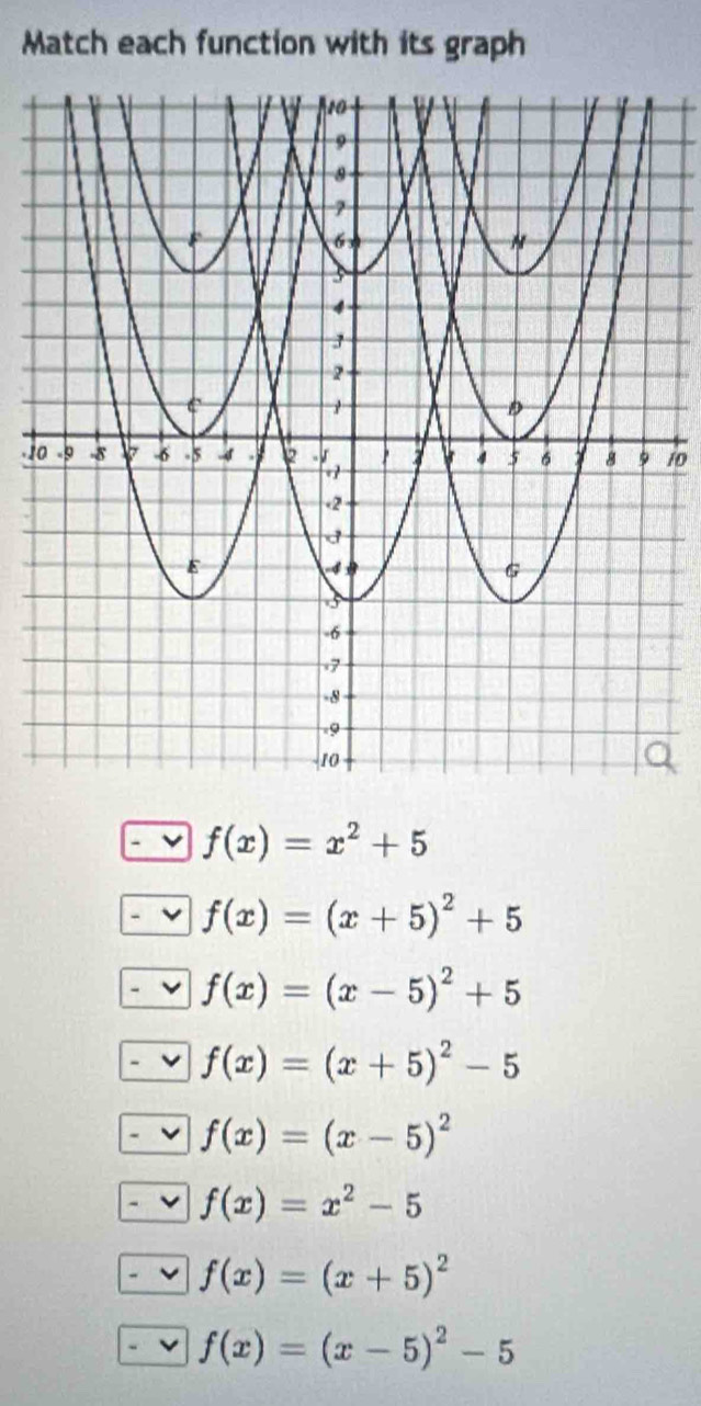 Match each function with its graph
110
f(x)=x^2+5
f(x)=(x+5)^2+5
f(x)=(x-5)^2+5
f(x)=(x+5)^2-5
f(x)=(x-5)^2
f(x)=x^2-5
f(x)=(x+5)^2
f(x)=(x-5)^2-5