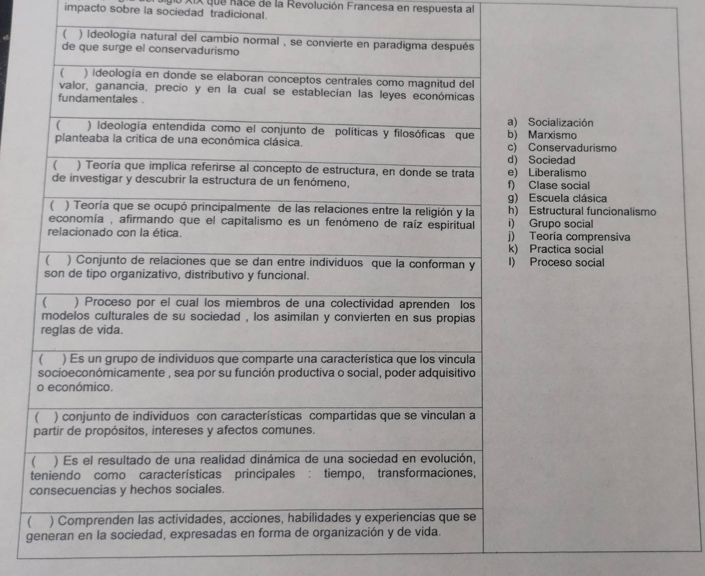 nu Xix que nace de la Revolución Francesa en respuesta al
impacto sobre la sociedad tradicional.
Socialización
Marxismo
Conservadurismo
Sociedad
Liberalismo
Clase social
Escuela clásica
Estructural funcionalismo
Grupo social
Teoría comprensiva
Practica social
Proceso social