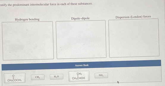 entify the predominant intermolecular force in each of these substances. 
Hydrogen bonding Dipole--dipole Dispersion (London) forces 
Answer Bank
CH_4 H_2O CH_3 NH_3
CH=C :o CH_3 CH_3CHOH