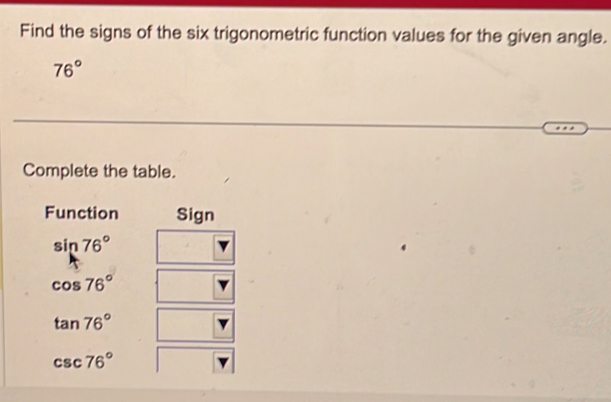 Find the signs of the six trigonometric function values for the given angle.
76°
Complete the table. 
Function Sign
sin 76°
cos 76°
tan 76°
csc 76°