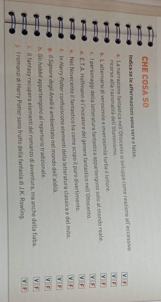 CHE COSA SO 
Indica se le affermazioni sono vere o false. 
V F 
a. La narrazione fantastica nell’Ottocento si sviluppa come reazione all’eccessívo 
ricorso alla razionalità dell´Illuminismo. 
V F 
b. L’alternarsi di verosimile e inverosimile turba il lettore. 
c. I personaggi della letteratura fantastica appartengono solo al mondo reale. 
V F 
VF 
d. E.T.A. Hoffmann è l’iniziatore del genere fantastico nell’Ottocento. 
V F 
e. Nel Novecento il fantastico ha come scopo il puro divertimento. 
V 
f. In Harry Potter confluiscono elementi della letteratura classica e del mito. F 
V F 
g. Il Signore degli Anelli è ambientato nel mondo dell’aldilà. 
v F 
h. Gli hobbit appartengono al repertorio tradizionale. 
V 
i. Il fantasy recupera elementi del romanzo di avventura, ma anche della fiaba. F 
j. I romanzi di Harry Potter sono frutto della fantasia di J.K. Rowling. 
V F