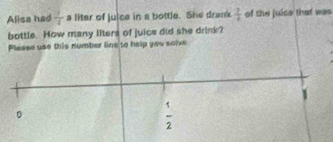 Alisa had  1/4  a liter of juice in a bottle. She drank  7/2  of the juice that was 
bottle. How many liters of juice did she drink? 
Please use this number line to help you solve 
。
 1/2 