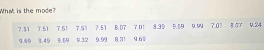 What is the mode?
7.51 7.51 7.51 7.51 7.51 8.07 7.01 8.39 9.69 9.99 7.01 8.07 9.24
9.69 9.49 9.69 9.32 9.99 8.31 9.69