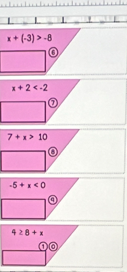 1 1.
x+(-3)>-8
6
x+2
7+x>10
8
-5+x<0</tex> 
a
4≥ 8+x
10