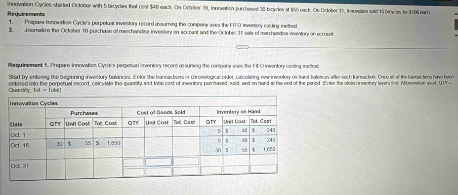 Innovation Cycles started October with 5 bicycles that cost $48 each. On October 16, Innovation purchased 30 bicycles at $55 each. On October 31, Innovation sold 15 bicycles for $106 each 
Requirements 
1. Prepare Innovation Cycle's perpetual inventory record assuming the company uses the FIFO inventory costing method 
2. Journalize the October 16 purchase of merchandise inventory on account and the October 31 sale of merchandise inventory on account. 
Requirement 1. Prepare Innovation Cycle's perpetual inventory record assuming the company uses the FIFO inventory costing method. 
Start by entering the beginning inventory balances. Enter the transactions in chronological order, calculating new inventory on hand balances after each transaction. Once all of the transactions have been 
entered into the perpetual record, calculate the quantity and total cost of inventory purchased, sold, and on hand at the end of the period. (Enter the oldest inventory layers first. Abbreviation used. QTY=
Quantity; Tot=Total)