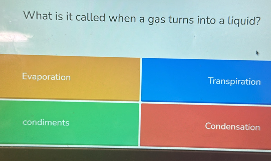 What is it called when a gas turns into a liquid?
Evaporation Transpiration
condiments Condensation