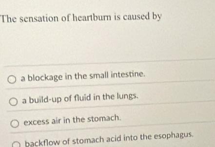 The sensation of heartburn is caused by
a blockage in the small intestine.
a build-up of fluid in the lungs.
excess air in the stomach.
backflow of stomach acid into the esophagus.