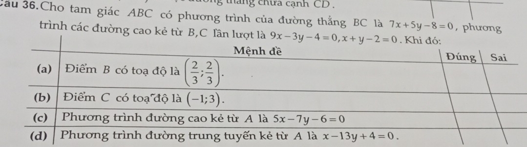 tháng chứa cạnh CD  .
Cầu 36.Cho tam giác ABC có phương trình của đường thắng BC là 7x+5y-8=0 , phương
trình các đường cao kẻ từ B,C