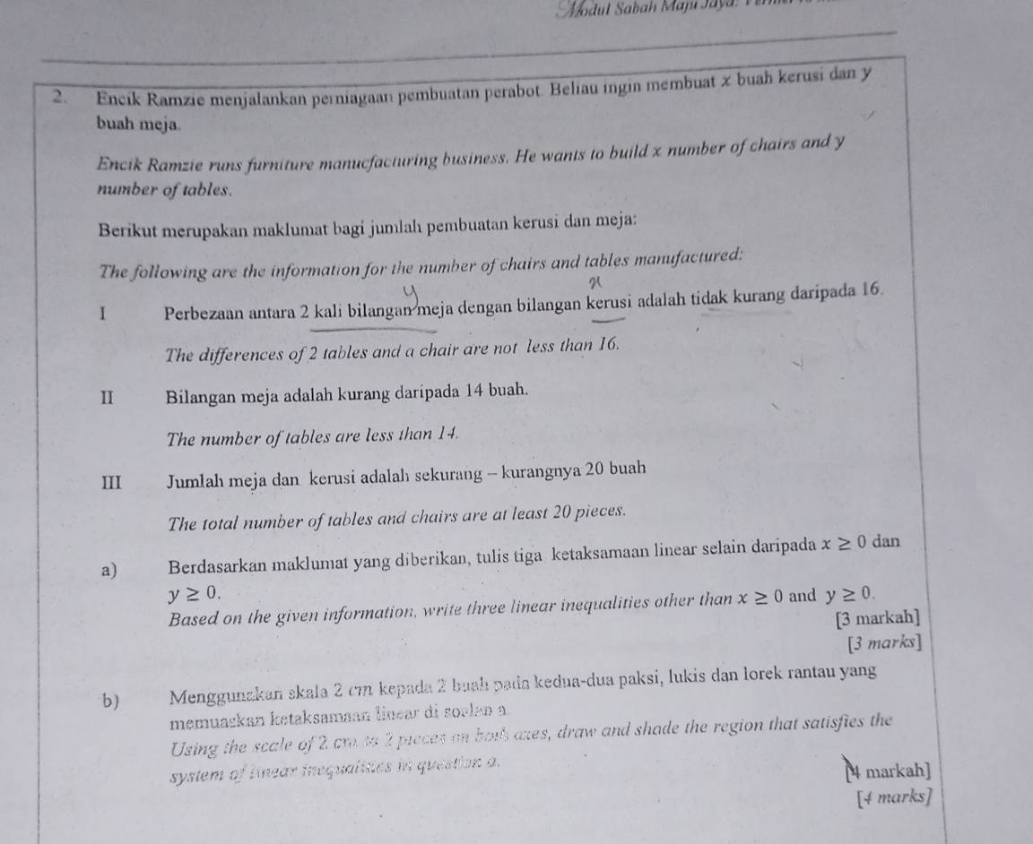 Modul Sabah Majı Jaya 
2. Encik Ramzie menjalankan perniagaan pembuatan perabot. Beliau ingin membuat x buah kerusi dan y
buah meja. 
Encik Ramzie runs furniture manucfacturing business. He wants to build x number of chairs and y
number of tables. 
Berikut merupakan maklumat bagi jumlah pembuatan kerusi dan meja: 
The following are the information for the number of chairs and tables manufactured: 
1 Perbezaan antara 2 kali bilangan meja dengan bilangan kerusi adalah tidak kurang daripada 16. 
The differences of 2 tables and a chair are not less than 16. 
II Bilangan meja adalah kurang daripada 14 buah. 
The number of tables are less than 14. 
III Jumlah meja dan kerusi adalah sekurang - kurangnya 20 buah 
The total number of tables and chairs are at least 20 pieces. 
a) Berdasarkan maklumat yang diberikan, tulis tiga ketaksamaan linear selain daripada x≥ 0 dan
y≥ 0. and y≥ 0. 
Based on the given information, write three linear inequalities other than x≥ 0
[3 markah] 
[3 marks] 
b) €_ Menggunzkan skala 2 cm kepada 2 buah pada kedua-dua paksi, lukis dan lorek rantau yang 
memuaskan ketaksamaan linear di soalan a. 
Using the scale of 2 cro to 2 pieces on botb axes, draw and shade the region that satisfies the 
system of linear inequalities in question a. 
4 markah] 
[4 marks]
