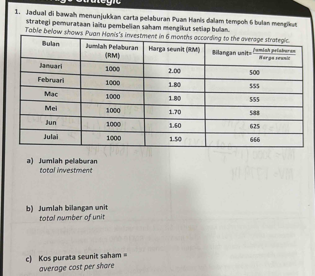 ategic 
1. Jadual di bawah menunjukkan carta pelaburan Puan Hanis dalam tempoh 6 bulan mengikut 
strategi pemurataan iaitu pembelian saham mengikut setiap bulan. 
Table below shows Puan H 
a) Jumlah pelaburan 
total investment 
b) Jumlah bilangan unit 
total number of unit 
c) Kos purata seunit saham = 
average cost per share