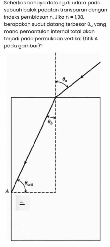 Seberkas cahaya datang di udara pada
sebuah balok padatan transparan dengan
indeks pembiasan n. Jika n=1,38,
berapakah sudut datang terbesar θ _a yang
mana pemantulan internal total akan
terjadi pada permukaan vertikal (titik A
