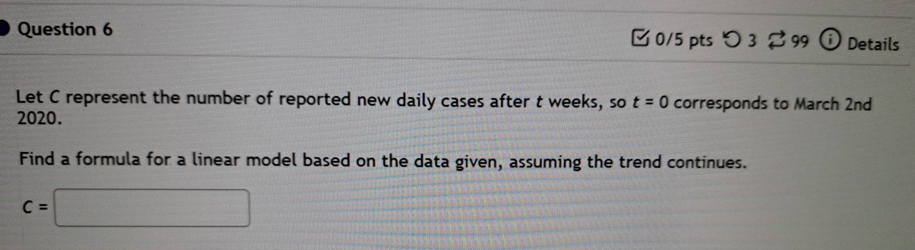 □ 0/5 pts つ3 99 Details 
Let C represent the number of reported new daily cases after t weeks, so t=0 corresponds to March 2nd 
2020. 
Find a formula for a linear model based on the data given, assuming the trend continues.
C=□