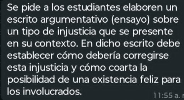 Se pide a los estudiantes elaboren un 
escrito argumentativo (ensayo) sobre 
un tipo de injusticia que se presente 
en su contexto. En dicho escrito debe 
establecer cómo debería corregirse 
esta injusticia y cómo coarta la 
posibilidad de una existencia feliz para 
los involucrados. 
11:55 a.