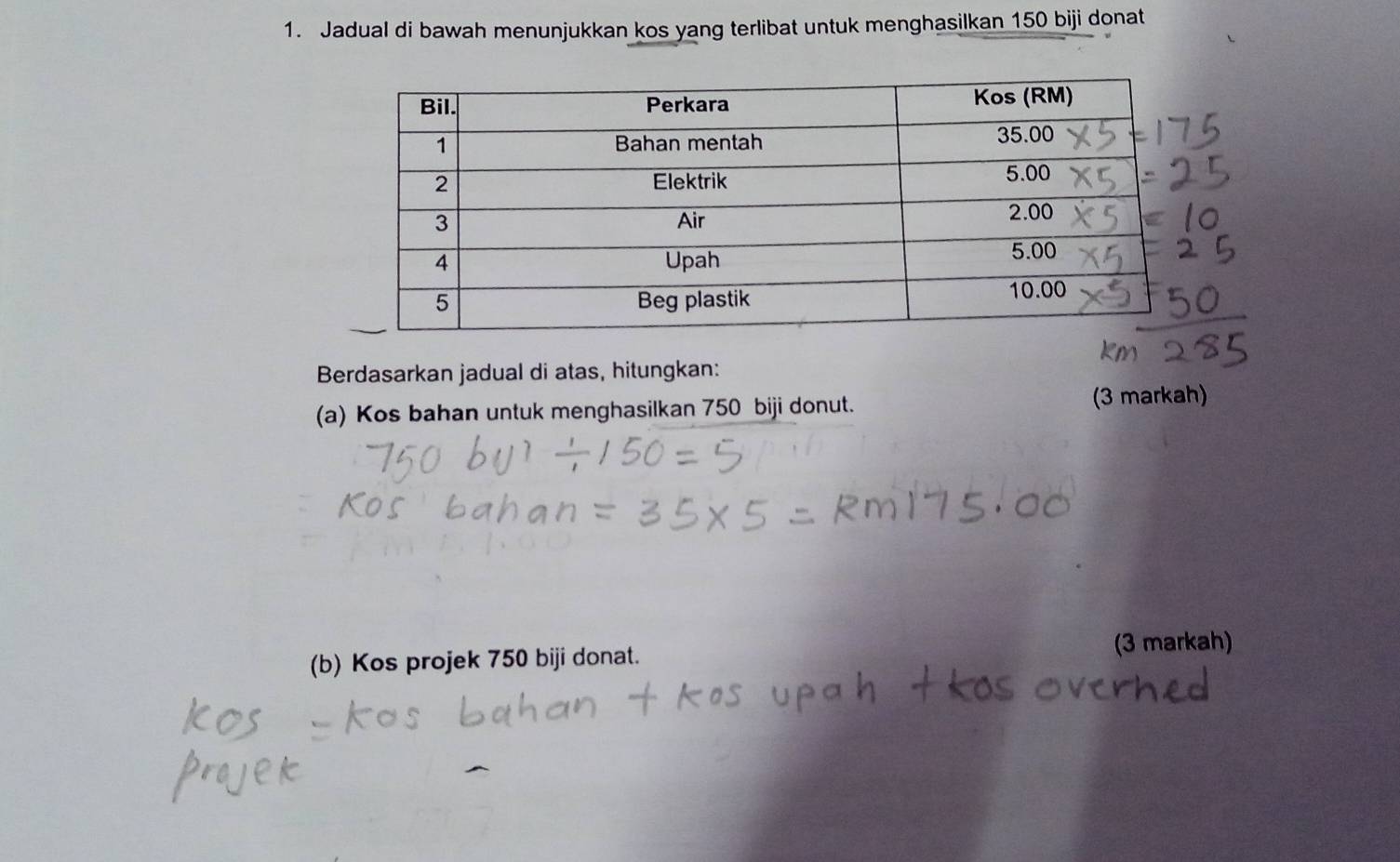 Jadual di bawah menunjukkan kos yang terlibat untuk menghasilkan 150 biji donat 
Berdasarkan jadual di atas, hitungkan: 
(a) Kos bahan untuk menghasilkan 750 biji donut. (3 markah) 
(b) Kos projek 750 biji donat. (3 markah)