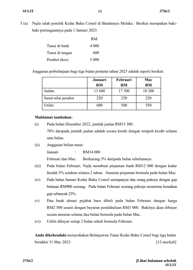 SULIT 10 3756/2
5 (a) Najla ialah pemilik Kedai Buku Comel di Bandaraya Melaka. Berikut merupakan baki-
baki perniagaannya pada 1 Januari 2023.
RM
Tunai di bank 4 000
Tunai di tangan 600
Perabot (kos) 5 000
Anggaran perbelanjaan bagi tiga bulan pertama tahun 2023 adalah seperti berikut:
Maklumat tambahan:
(i) Pada bulan Disember 2022, jumlah jualan RM15 300.
70% daripada jumlah jualan adalah secara kredit dengan tempoh kredit selama
satu bulan.
(ii) Anggaran belian tunai:
Januari : RM14 000
Februari dan Mac: Berkurang 5% daripada bulan sebelumnya.
(iii) Pada bulan Februari, Najla membuat pinjaman bank RM12 000 dengan kadar
faedah 3% setahun selama 2 tahun. Ansuran pinjaman bermula pada bulan Mac.
(iv) Pada bulan Januari Kedai Buku Comel mempunyai dua orang pekerja dengan gaji
bulanan RM900 seorang. Pada bulan Februari seorang pekerja menerima kenaikan
gaji sebanyak 25%.
(v) Dua buah almari pejabat baru dibeli pada bulan Februari dengan harga
RM2 500 seunit dengan bayaran pendahuluan RM3 000. Bakinya akan dibayar
secara ansuran selama dua bulan bermula pada bulan Mac.
(vi) Utiliti dibayar setiap 2 bulan sekali bermula Februari.
Anda dikehendaki menyediakan Belanjawan Tunai Kedai Buku Comel bagi tiga bulan
berakhir 31 Mac 2023. [13 markah]
3756/2 [Lihat halaman sebelah
SULIT