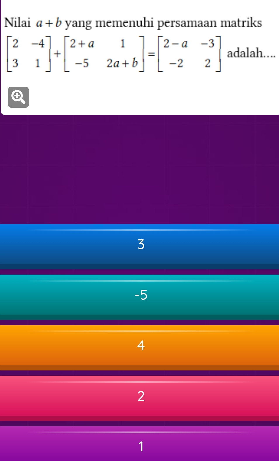 Nilai a+b yang memenuhi persamaan matriks
beginbmatrix 2&-4 3&1endbmatrix +beginbmatrix 2+a&1 -5&2a+bendbmatrix =beginbmatrix 2-a&-3 -2&2endbmatrix adalah….
3
-5
4
2
1