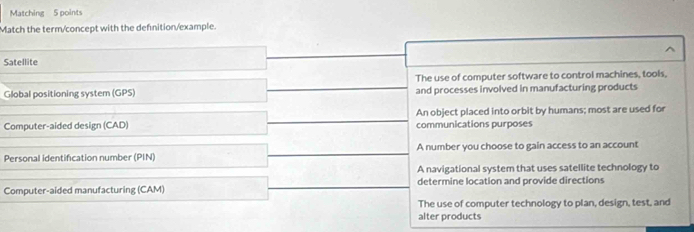 Matching 5 points
Match the term/concept with the defnition/example.
Satellite
Global positioning system (GPS) The use of computer software to control machines, tools,
and processes involved in manufacturing products
An object placed into orbit by humans; most are used for
Computer-aided design (CAD) communications purposes
Personal identification number (PIN) A number you choose to gain access to an account
A navigational system that uses satellite technology to
Computer-aided manufacturing (CAM) determine location and provide directions
The use of computer technology to plan, design, test, and
alter products