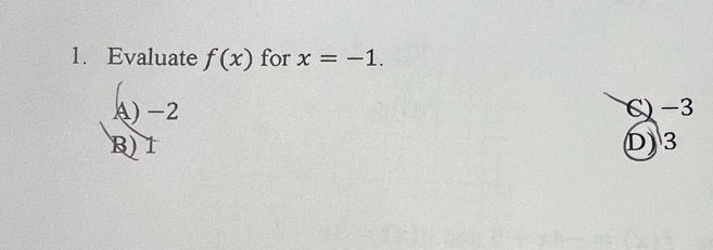 Evaluate f(x) for x=-1.
() -2 C) -3
B) 1 D) 3