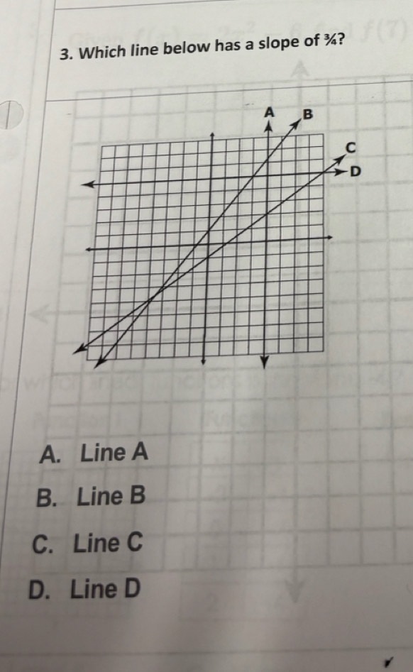 Which line below has a slope of ¾?
A. Line A
B. Line B
C. Line C
D. Line D