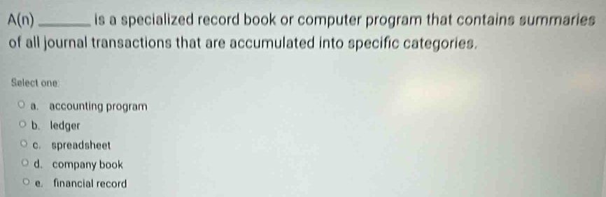 A(n) _is a specialized record book or computer program that contains summaries
of all journal transactions that are accumulated into specific categories.
Select one
a. accounting program
b. ledger
c. spreadsheet
d. company book
e. financial record