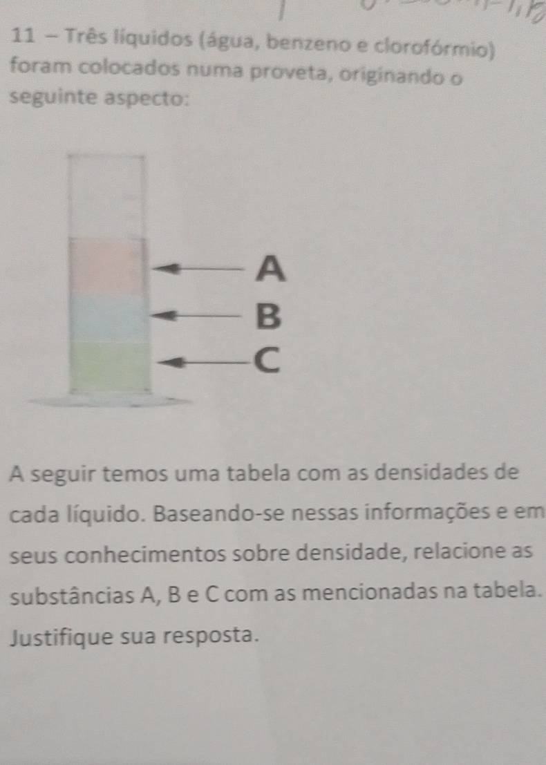 Três líquidos (água, benzeno e clorofórmio) 
foram colocados numa proveta, originando o 
seguinte aspecto: 
A seguir temos uma tabela com as densidades de 
cada líquido. Baseando-se nessas informações e em 
seus conhecimentos sobre densidade, relacione as 
substâncias A, B e C com as mencionadas na tabela. 
Justifique sua resposta.