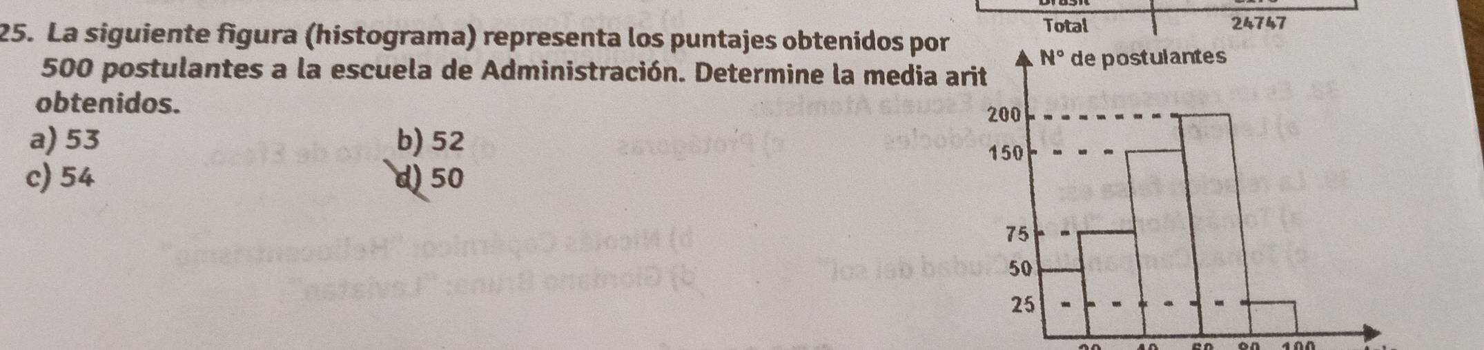 Total 24747
25. La siguiente figura (histograma) representa los puntajes obtenidos por
500 postulantes a la escuela de Administración. Determine la media ar
obtenidos.
a) 53 b) 52
c) 54 d) 50