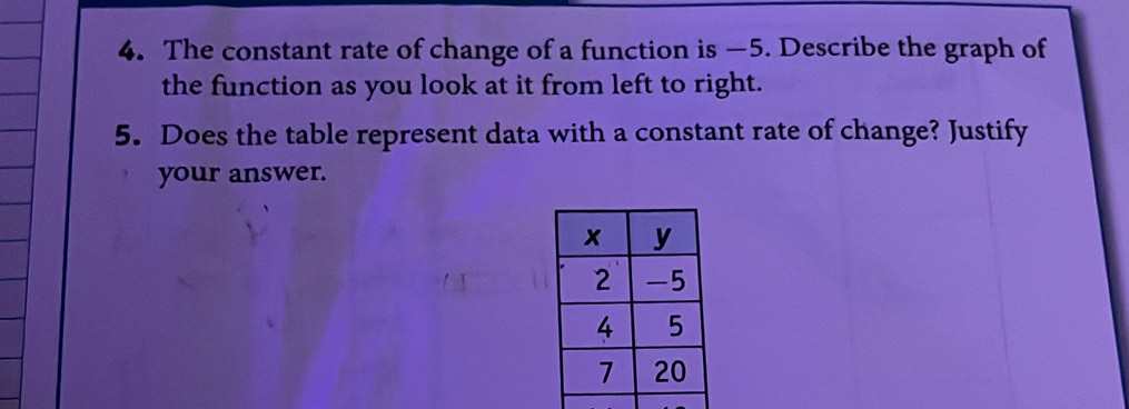 The constant rate of change of a function is —5. Describe the graph of 
the function as you look at it from left to right. 
5. Does the table represent data with a constant rate of change? Justify 
your answer.