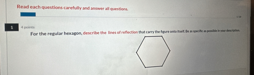 Read each questions carefully and answer all questions. 
_1 / 29 
1 4 points 
For the regular hexagon, describe the lines of reflection that carry the figure onto itself. Be as specific as possible in your description.